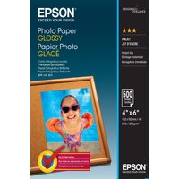 Epson Photo Paper Glossy pack, 10x15cm, 500 sheets, features vibrant photo on cover, black and blue packaging.