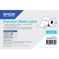 Epson Premium Matte Label roll, die-cut, 102mm x 76mm, 1570 labels, white with blue and gray packaging details.