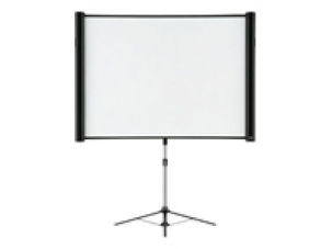 Epson 80" multi-aspect screen with a white projection surface, supported by a black tripod stand and two black end caps for stability and easy setup.