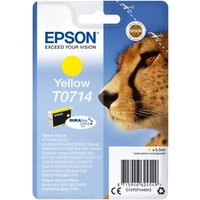 Epson Singlepack Yellow T0714 DURABrite Ultra Ink with cheetah image on packaging, yellow dot, and product details.