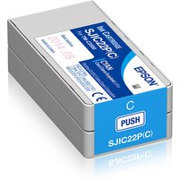 Cyan Epson SJIC22P(C) ink cartridge for ColorWorks C3500, rectangular with blue label and push button.