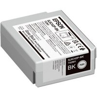 Gray Epson SJIC42P-BK ink cartridge with black label and text, rectangular shape, original black ink.