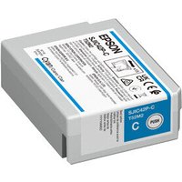 Gray Epson SJIC42P-C ink cartridge with blue label and text, original cyan color, rectangular shape.
