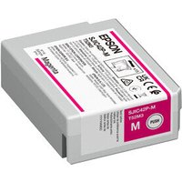 Gray Epson SJIC42P-M ink cartridge with magenta label and text, rectangular shape, original packaging.