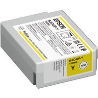 Epson SJIC42P-Y yellow ink cartridge, rectangular gray casing with label and yellow accents.