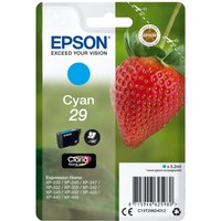 Epson Strawberry Cyan 29 ink cartridge in packaging with a large red strawberry image and product details.