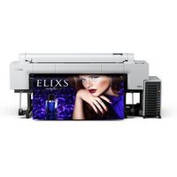 Epson SureColor P20500 large format printer, white with black accents, wide output tray, displaying vibrant color print