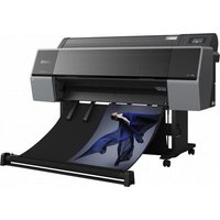 Epson SureColor SC-P9500 large format printer, sleek black and gray design, Ethernet LAN, printing vibrant image.