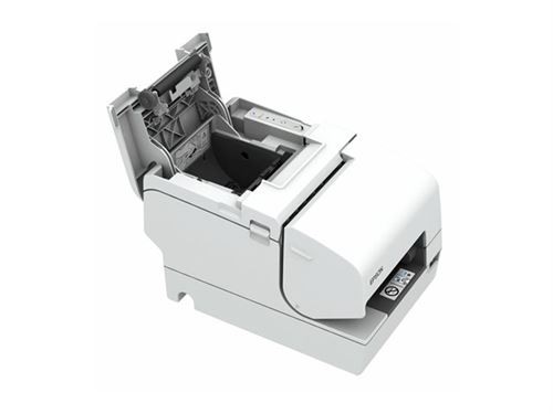Epson TM-H6000V-213P1 wired POS printer in white, featuring a compact design, an open top for easy paper loading, and a sleek, modern finish.