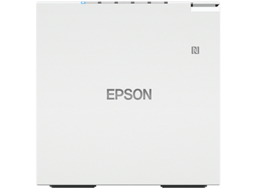 White Epson TM-M30III thermal POS printer featuring a sleek design, NFC capability, and indicator lights, suitable for wired and wireless connections.