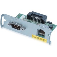 Epson UB-S09 interface card with serial and ethernet ports, green circuit board, and metal mounting bracket.