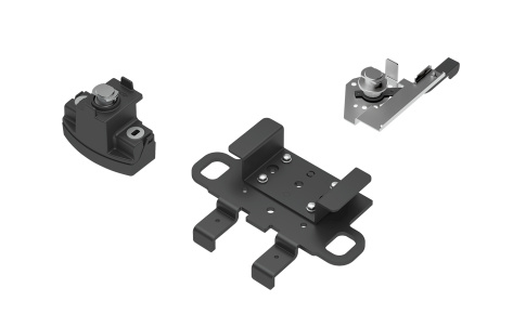 Black projector mount accessory interface bracket set featuring a central plate with multiple mounting holes and two adjustable side components for secure installation.
