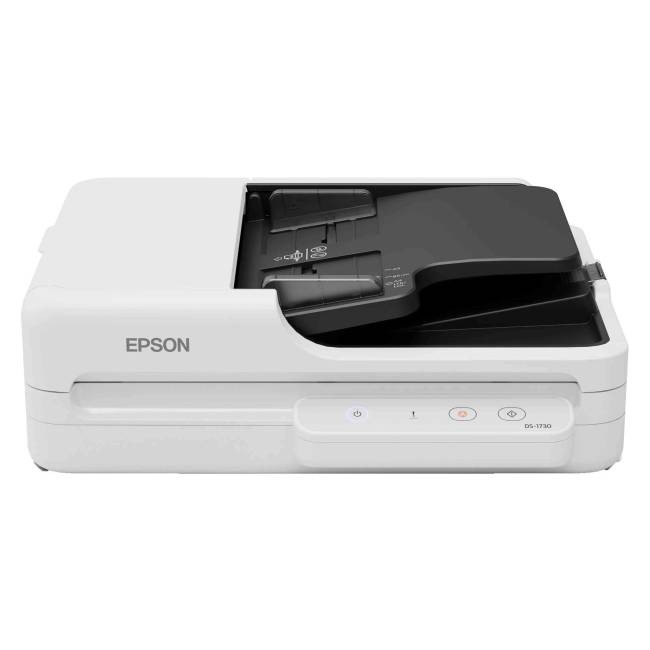 Epson WorkForce DS-1730 scanner in white with a flatbed and automatic document feeder, featuring a sleek design and control buttons on the front.