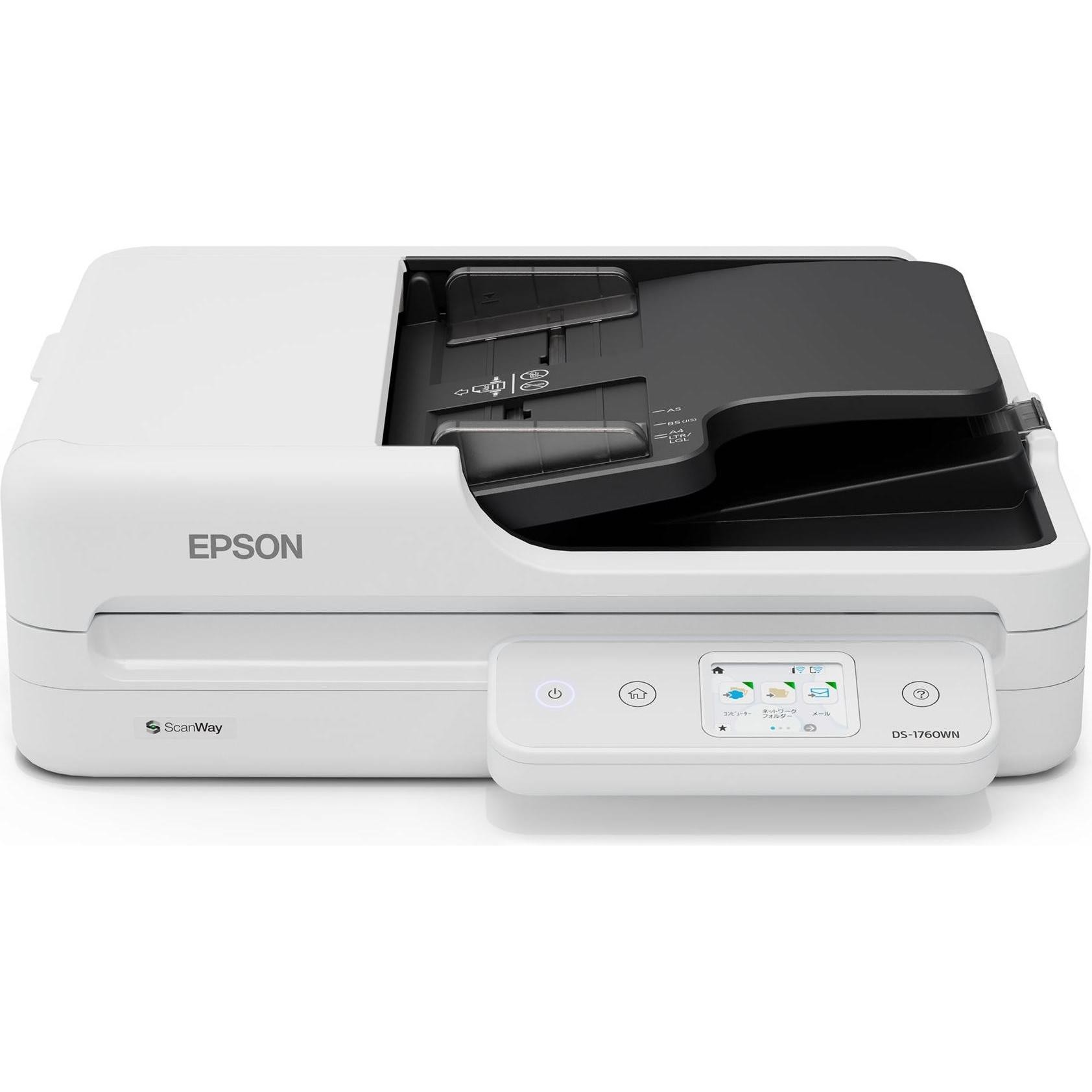 Epson WorkForce DS-1760WN scanner in white and black, featuring a flatbed and automatic document feeder, with a control panel displaying buttons and a screen.