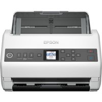 Black and white Epson WorkForce DS-730N sheet-fed scanner with control panel and LCD screen.