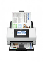 Epson WorkForce DS-790WN sheet-fed scanner in black and white, featuring a control panel with a display, paper output tray, and documents being scanned.