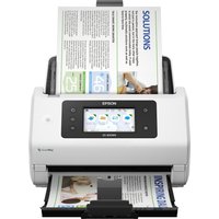White Epson WorkForce DS-800WN scanner with touchscreen, scanning documents, A4 size, 600 x 600 DPI resolution.