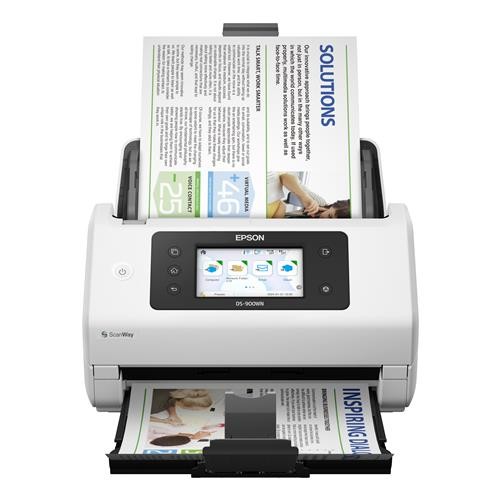 Epson WorkForce DS-900WN document scanner in white, featuring a duplex design, A4/legal size capability, and a control panel with a touchscreen interface.