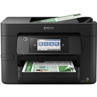 Black Epson WorkForce Pro WF-4820DWF inkjet printer with touchscreen and ADF, displaying printed pages.