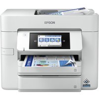 White Epson WorkForce Pro inkjet printer with touchscreen, dual paper trays, and Wi-Fi connectivity.