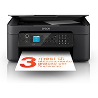 Black Epson WorkForce WF-2910DWF multifunction inkjet printer with LCD screen and control panel, printing a page.