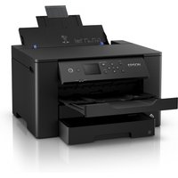 Black Epson WorkForce WF-7310DTW A3+ inkjet printer with dual paper trays and control panel display.