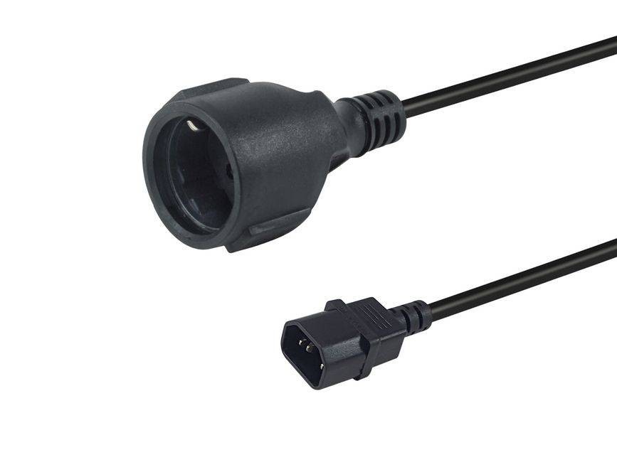 Black 0.25 m power cable featuring an IEC C14 connector on one end and a CEE7/3 connector on the other, made of durable plastic with a flexible cord.