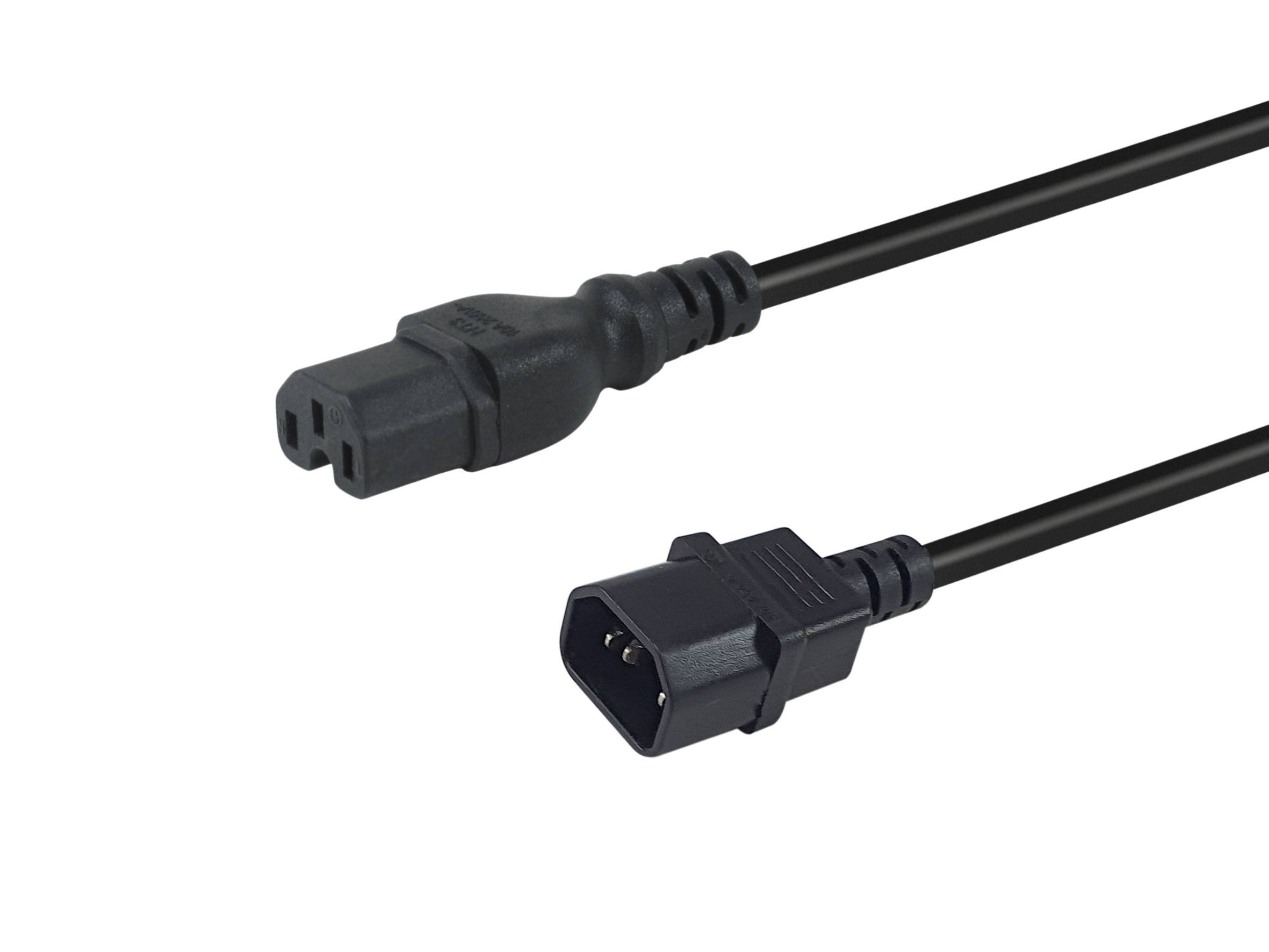 Black 3-meter power cable featuring a C14 coupler on one end and a C15 coupler on the other, made from durable plastic material.