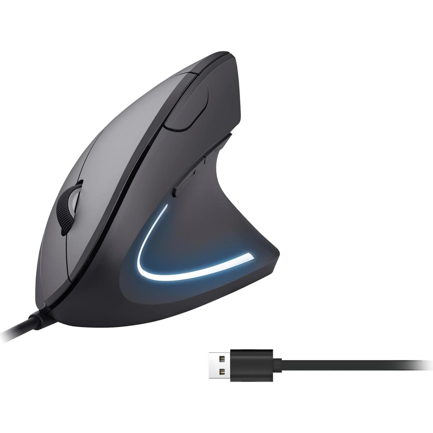 Gray ergonomic right-hand USB optical mouse with a sleek design, featuring a glowing blue accent and a DPI setting of 3200 for precision.