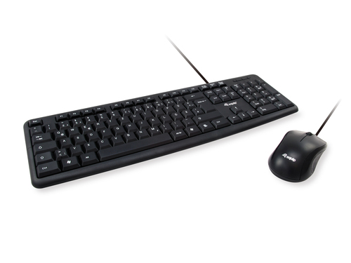 Black USB QWERTY keyboard with Italian layout and a matching black optical mouse, both featuring a sleek, minimalist design and wired connections.