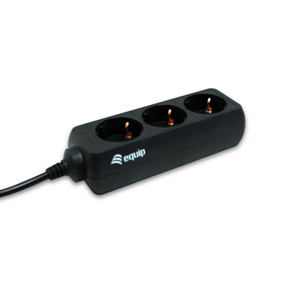 Black 3-outlet power strip with three grounded sockets, featuring a durable plastic body and a power cord, designed for convenient electrical access.