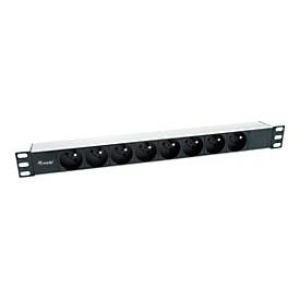 Black 1U power distribution unit with eight AC outlets, featuring a sleek metal design and mounting brackets for easy installation in server racks.