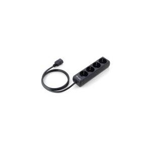 Black 4-outlet power strip with a sturdy plastic body and a flexible power cord, designed for multiple device connections.