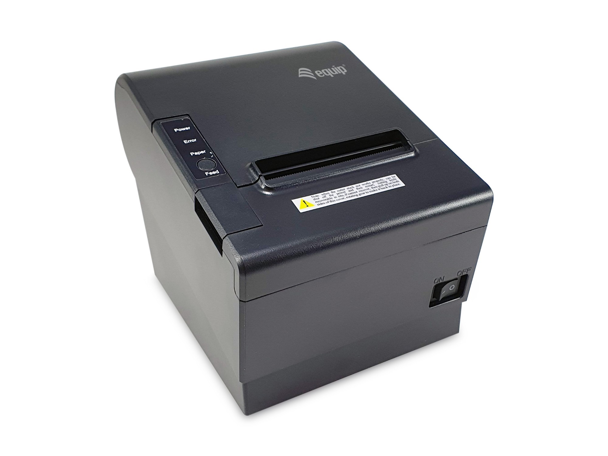 Compact black thermal POS receipt printer with auto cutter, featuring USB and Ethernet connectivity, and control buttons on the front panel.