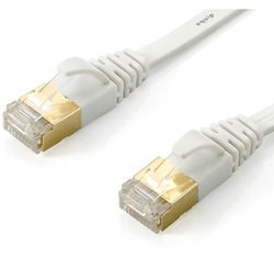 White Cat.6A S/FTP flat patch cable, 2 meters long, featuring gold-plated connectors on both ends for enhanced connectivity and durability.