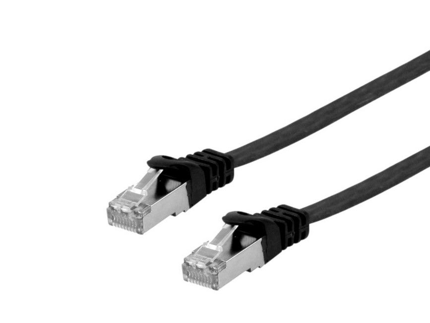 Black Equip Cat.6A U/FTP flat patch cable, 5.0m long, featuring two transparent connectors with clips for secure connections.