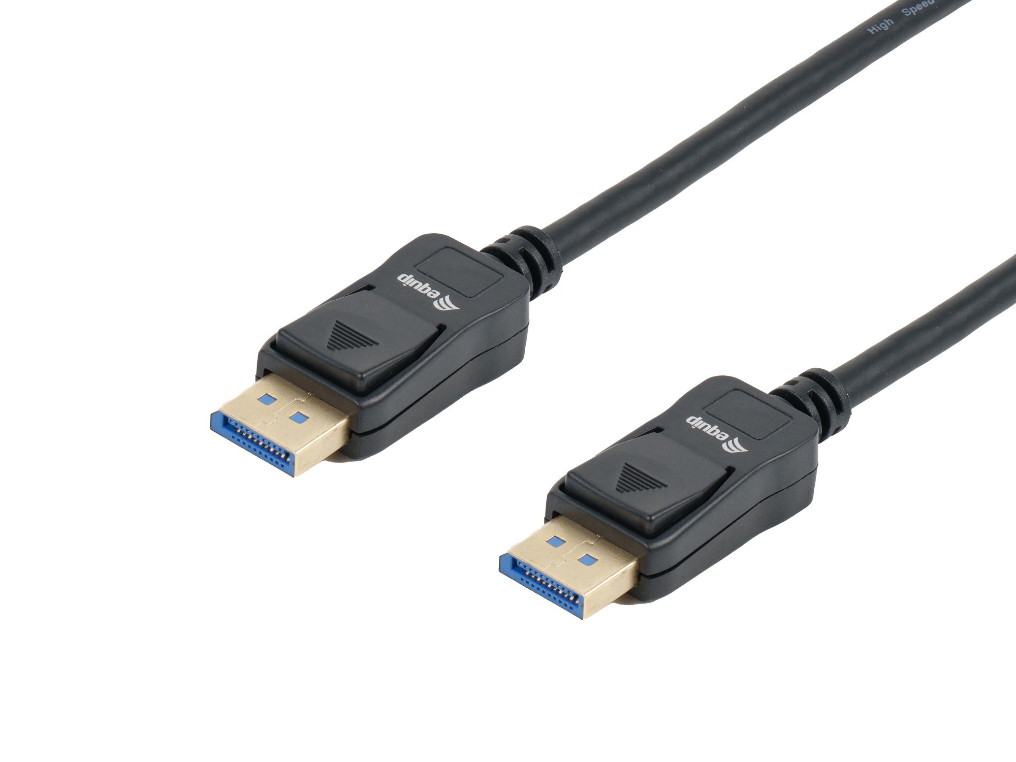 Black DisplayPort 2.1 cable, 5.0m long, featuring blue connectors with a locking mechanism, designed for 16K/60Hz video and 40Gbps data transfer.