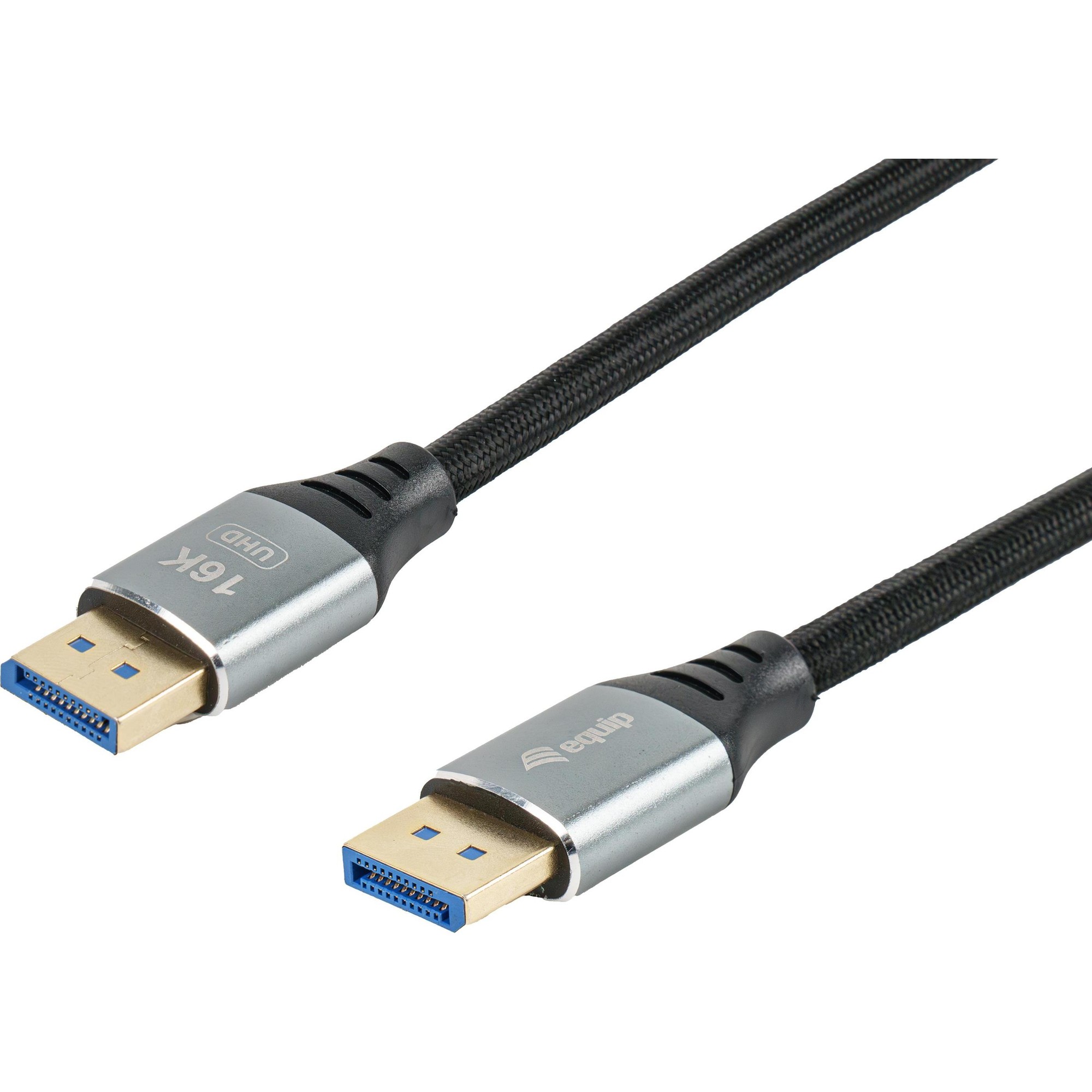 Black braided DisplayPort 2.1 cable, 2.0m long, featuring gold-plated connectors, labeled for 16K/60Hz and 54Gbps data transfer speed.