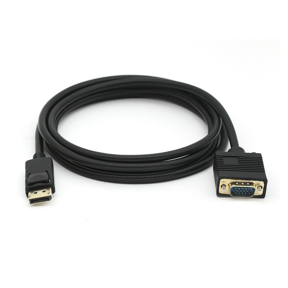 Black DisplayPort male to VGA (HD15) male cable, featuring a sturdy design with a gold-plated VGA connector and a slim DisplayPort connector on opposite ends.