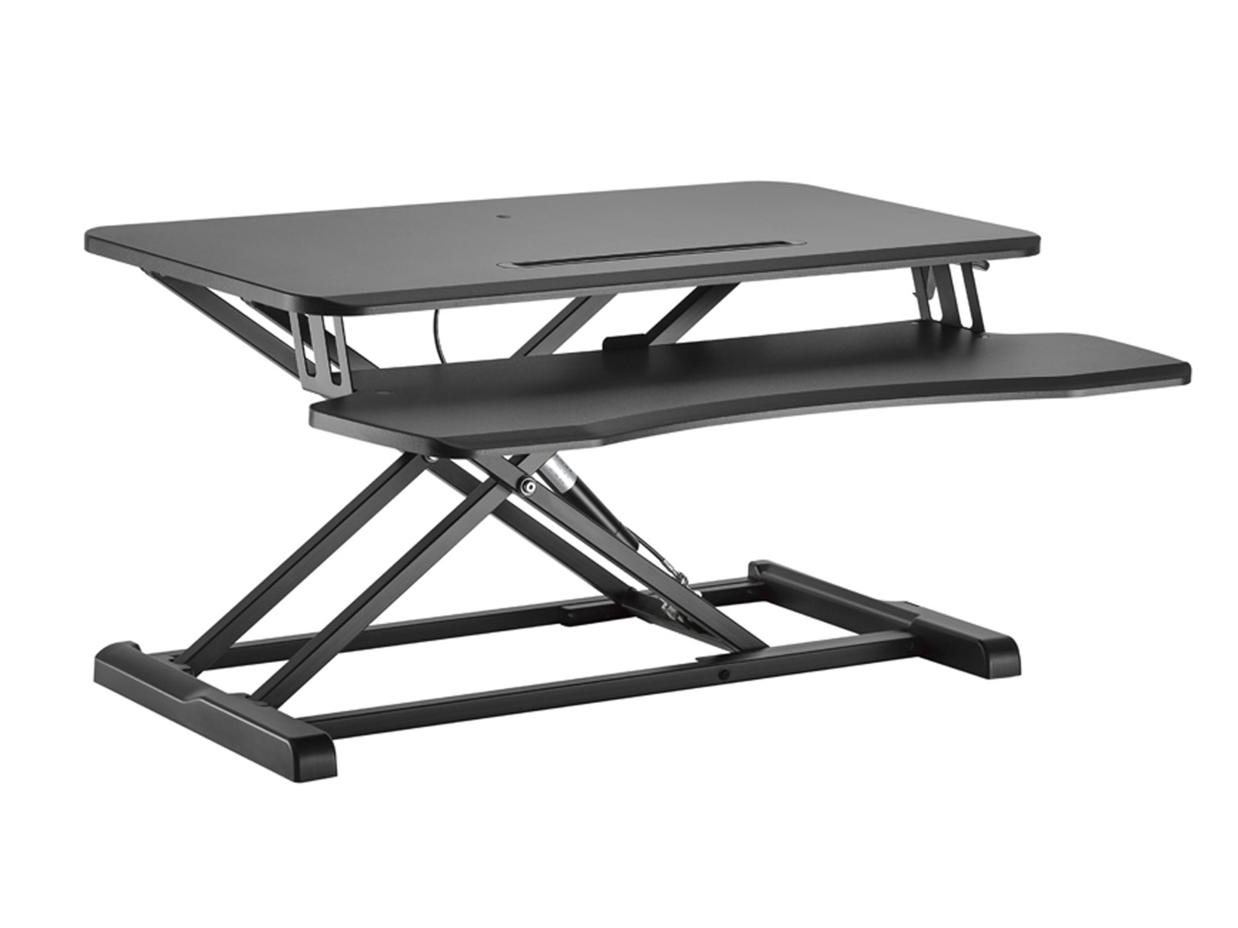 Black ergonomic sit/stand desk riser with a sleek design, featuring a sturdy metal frame, adjustable height, and a spacious top surface for monitors and a lower shelf for keyboard placement.