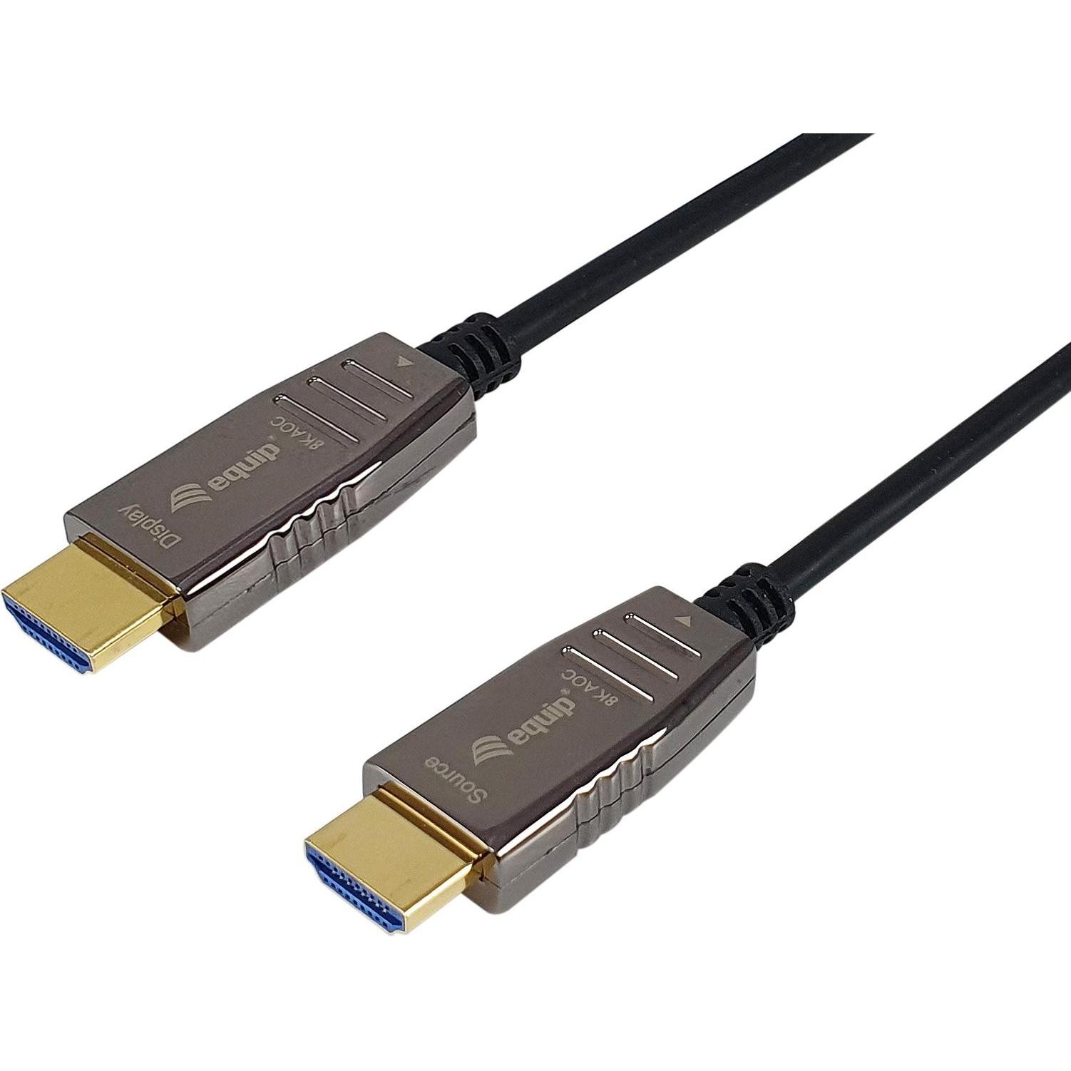 Black HDMI 2.1 active optical cable, 15m long, featuring gold-plated connectors with a sleek metallic housing, designed for 8K/60Hz video transmission.