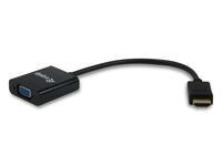 Black HDMI to VGA adapter with a short cable, featuring a blue VGA port and a gold-plated HDMI connector, designed for connecting devices to VGA displays.