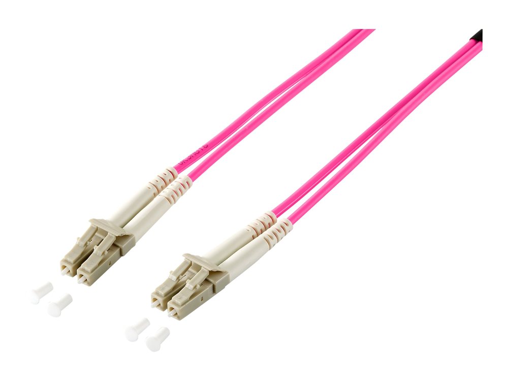 Pink OM4 fiber optic patch cable, 1m long, featuring two LC connectors with beige housings and white strain relief boots on each end.