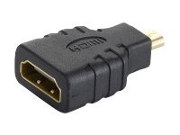 Black micro HDMI to HDMI adapter with a textured grip, featuring a gold-plated connector and a clear "HDMI" logo on one side.