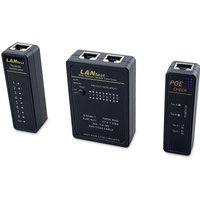 Black Equip Network Cable Tester set with RJ45, BNC, and PoE ports, featuring LED indicators and labeled functions.