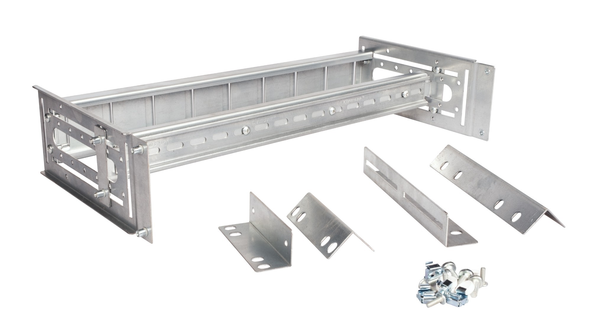 19-inch Equip Rails in RAL7035 grey, made of metal, featuring a 3U DIN design, with multiple mounting brackets and hardware included for installation.