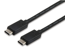 Black 1-meter USB C to USB C cable featuring male connectors on both ends, designed for data transfer and charging.