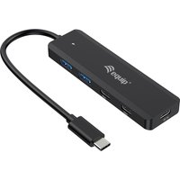 Black rectangular Equip USB-C hub with 2 USB-C and 2 USB-A ports, attached cable with USB-C connector.