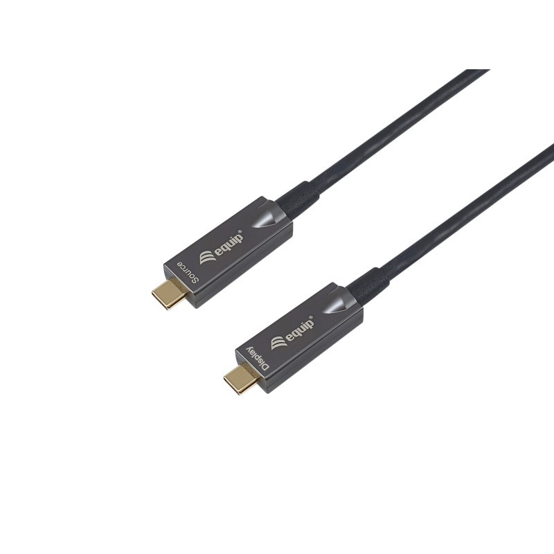 Black USB-C to C active optical cable, 5.0m length, featuring gray connectors with the Equip logo, supporting PD 60W and 4K/60Hz at 10G data transfer speed.