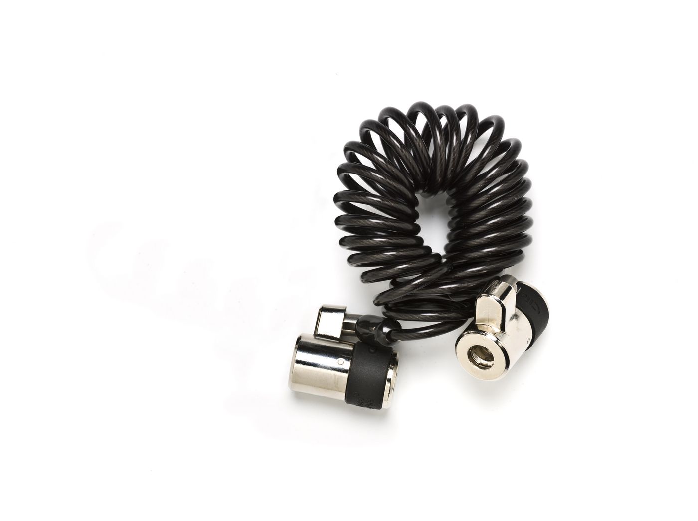 Curly black security cable with chrome metal locking mechanisms at both ends, designed for ergonomic use and enhanced durability.